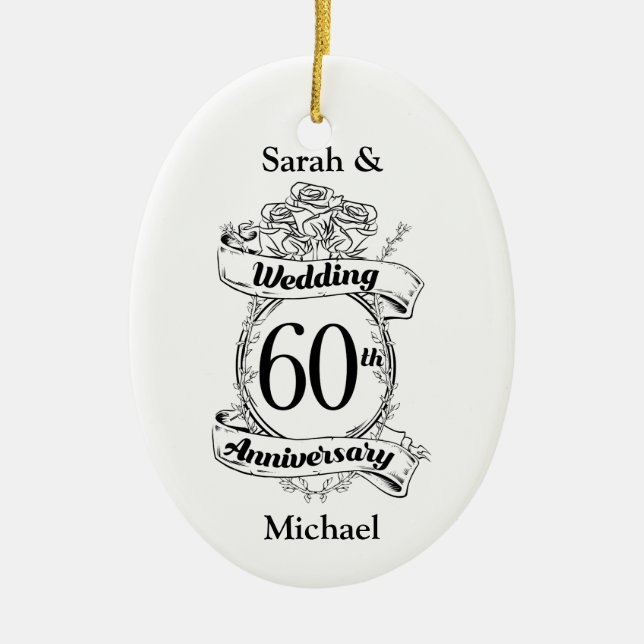60th Diamond Wedding Anniversary Flowers Ceramic Tree Decoration (Front)