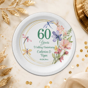60th Diamond Wedding Anniversary Gold Frame Floral Paper Plate