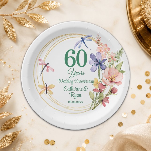60th Diamond Wedding Anniversary Gold Frame Floral Paper Plate (Creator Uploaded)