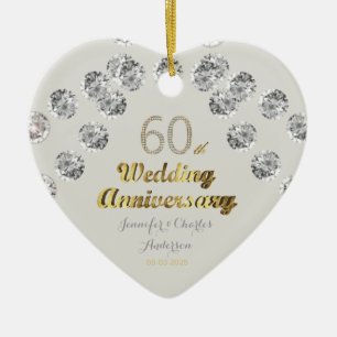 60th Diamond Wedding Anniversary Gold Typography Ceramic Tree Decoration