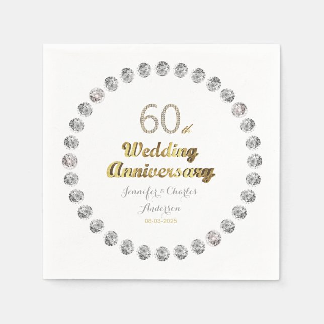 60th Diamond Wedding Anniversary Gold Typography Napkin (Front)