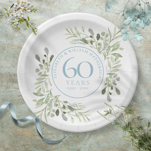 60th Diamond Wedding Anniversary Greenery Paper Plate