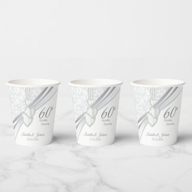 60th Diamond Wedding Anniversary Paper Cups (Multi)