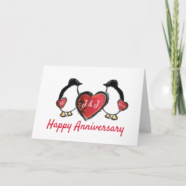 60th diamond wedding anniversary penguin card (Front)