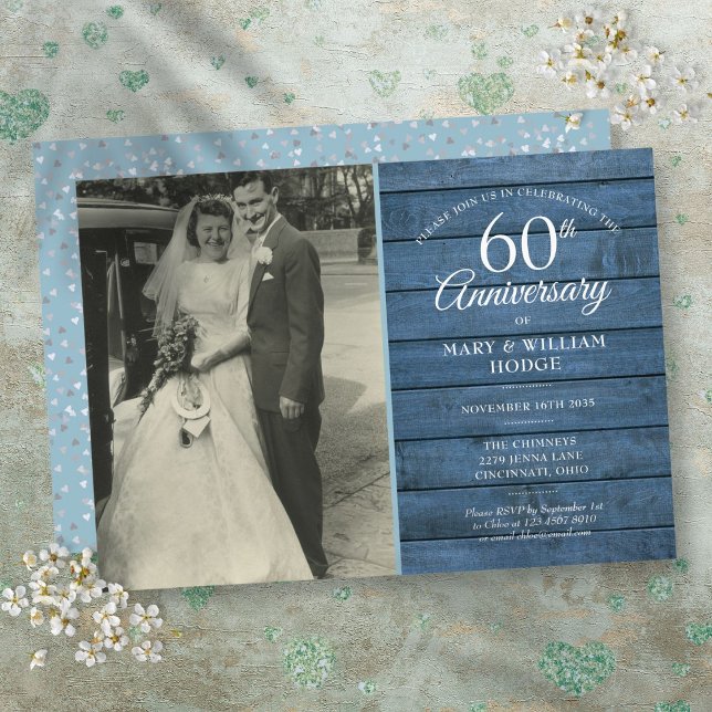 60th Diamond Wedding Anniversary Photo Blue Rustic Invitation (60th Diamond Wedding Anniversary Photo Blue Rustic Invitation)