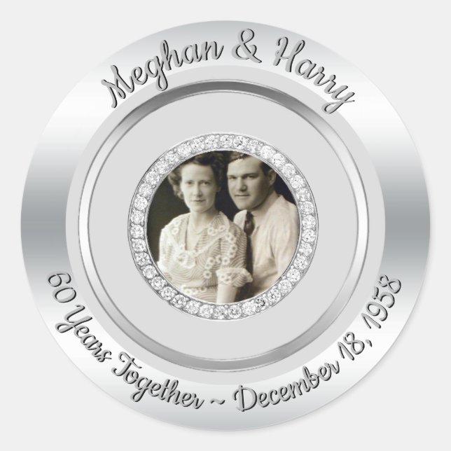 60th Diamond Wedding Anniversary Photo Modern Classic Round Sticker (Front)