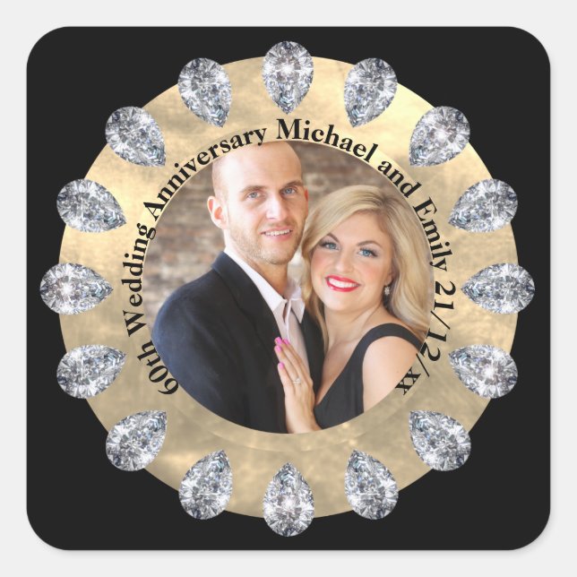 60th Diamond Wedding Anniversary PHOTO Personalise Square Sticker (Front)