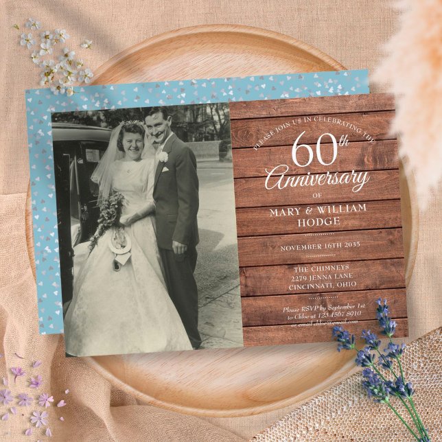 60th Diamond Wedding Anniversary Photo Rustic Wood Invitation (Creator Uploaded)