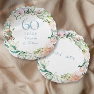 60th Diamond Wedding Anniversary Roses Garland  Round Cushion
