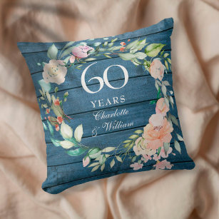 60th Diamond Wedding Anniversary Rustic Floral Cushion