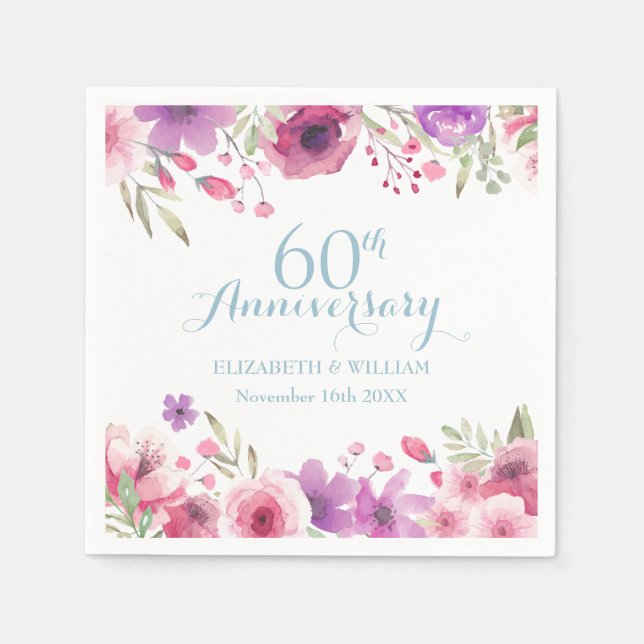 60th Diamond Wedding Anniversary Watercolor Roses Napkin (Front)