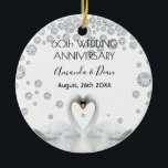 60th diamond wedding anniversary white swans ceramic tree decoration<br><div class="desc">Two beautiful swans in love bending their heads toghether and forming a heart. Decorated with faux diamonds. White elegant background, perfector for a diamond wedding anniversary! A swan couple stay together for life, so they are the perfect symbol of love. With the text: 60th Anniversary. Template for two names, black...</div>