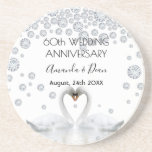 60th diamond wedding anniversary white swans coaster<br><div class="desc">Two beautiful swans in love bending their heads toghether and forming a heart. With faux diamonds as decoration. White elegant background, perfect for a diamond wedding anniversary! A swan couple stay together for life, so they are the perfect symbol of love. With the text: 60th Anniversary. Template for two names,...</div>