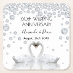 60th diamond wedding anniversary white swans love square paper coaster<br><div class="desc">Two beautiful swans in love bending their heads toghether and forming a heart. With faux diamonds as decoration. White elegant background, perfect for a diamond wedding anniversary! A swan couple stay together for life, so they are the perfect symbol of love. With the text: 60th Anniversary. Template for two names,...</div>