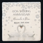 60th diamond wedding anniversary with white swans stone coaster<br><div class="desc">Two beautiful swans in love bending their heads toghether and forming a heart. With faux diamonds as decoration. White elegant background, perfect for a wedding anniversary! A swan couple stay together for life, so they are the perfect symbol of love. With the text: 60th Anniversary. Template for two names, black...</div>