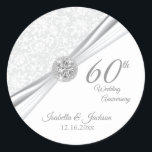 60th Diamond White Wedding Anniversary Classic Round Sticker<br><div class="desc">🥇AN ORIGINAL COPYRIGHT ART DESIGN by Donna Siegrist ONLY AVAILABLE ON ZAZZLE! Stickers. 60th Diamond White Wedding Anniversary ready to customise for your party or event by using the templates or removing all text and starting fresh and designing for your own event. This elegant design works well for a birthday...</div>