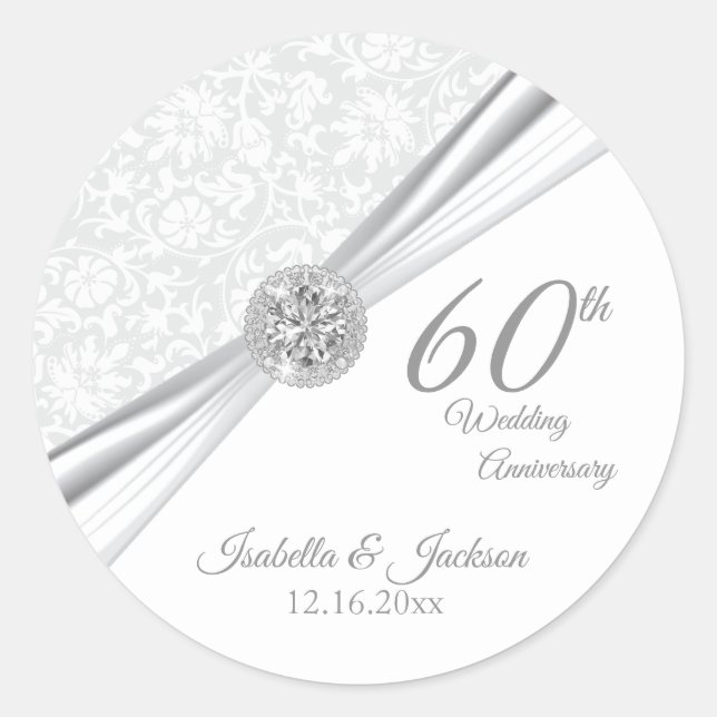60th Diamond White Wedding Anniversary Classic Round Sticker (Front)