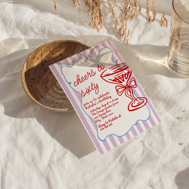 60th Drawn Colourful Champagne Glass Sixty Birthda Invitation (Creator Uploaded)