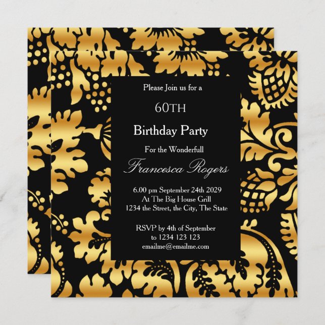 60th Elegant Birthday Party Gold Black Invitation (Front/Back)