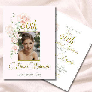 60th Elegant Floral Blush Pink Photo Birthday Invitation