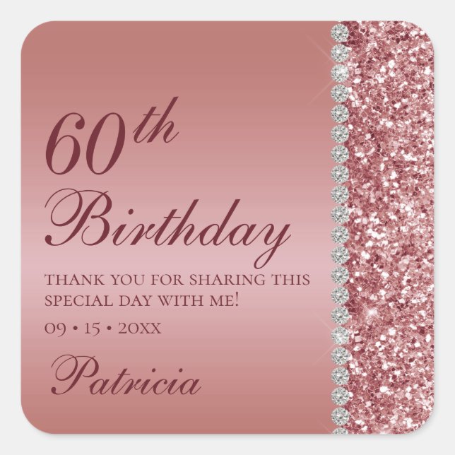 60th Elegant Rose Gold Birthday Square Sticker (Front)