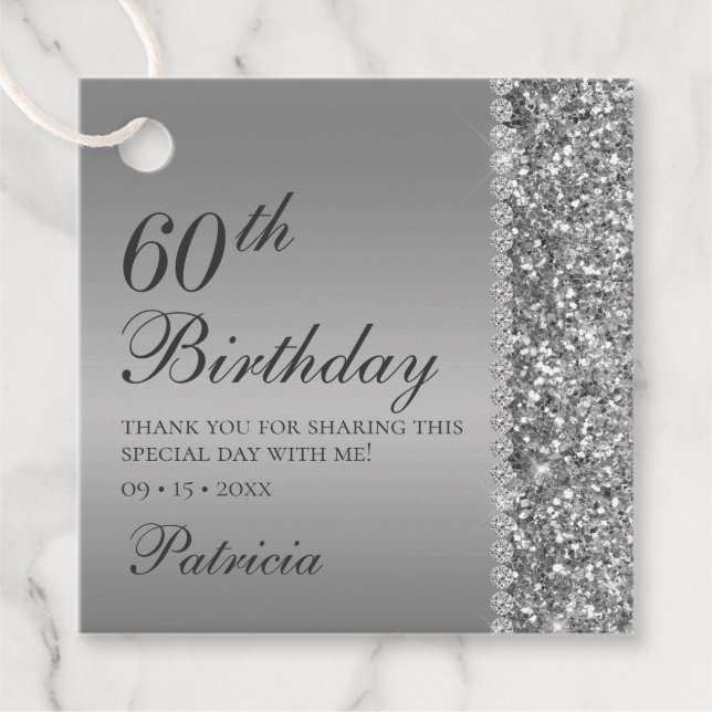 60th Elegant Silver Birthday Favour Tags (Front)