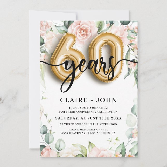 60th Gold Balloon Years Anniversary Invitation (Front)
