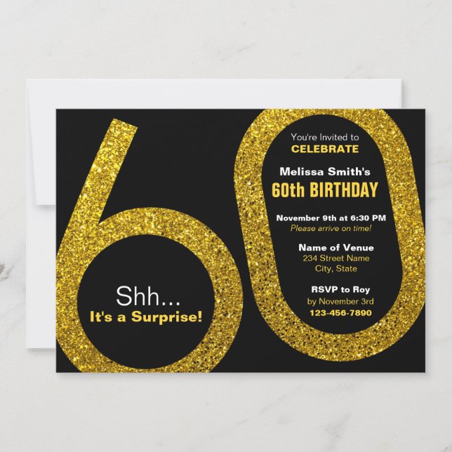 60th Gold Glitter Birthday Invitation (Front)