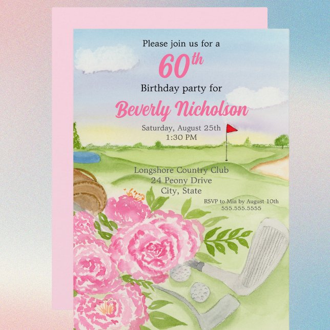60th Golf Birthday Party Peonies On Golf Course In Invitation (Creator Uploaded)