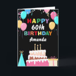 60th Happy Birthday Colourful Balloons Cake Black Card<br><div class="desc">60th Happy Birt5hday Colourful Balloons Cake Black with personalised name. For further customisation,  please click the "Customise it" button and use our design tool to modify this template.</div>