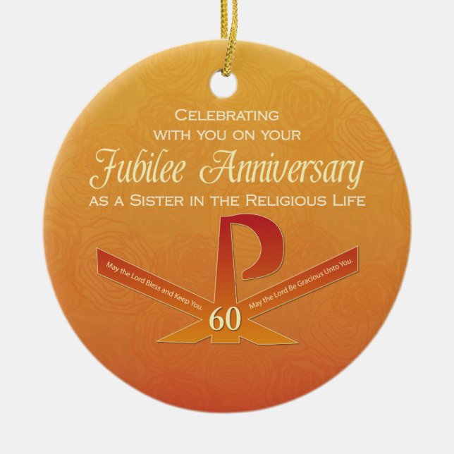 60th Jubilee Anniversary Nun Pax Cross, Orange Ceramic Tree Decoration (Front)