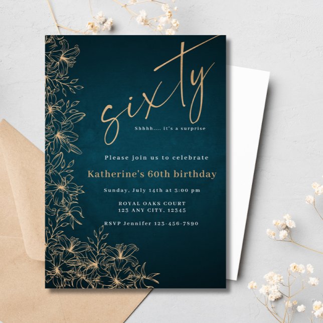  60th Modern Teal & Gold Floral Surprise Birthday Invitation (Creator Uploaded)