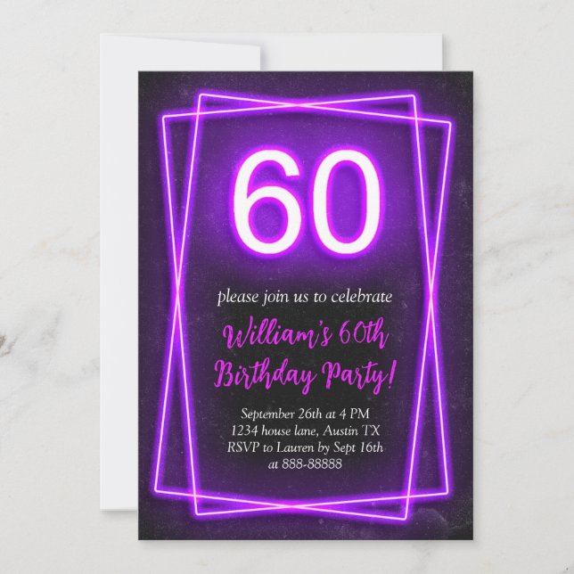 60th Neon Lights Retro Black Chic Sixty Birthday Invitation (Front)
