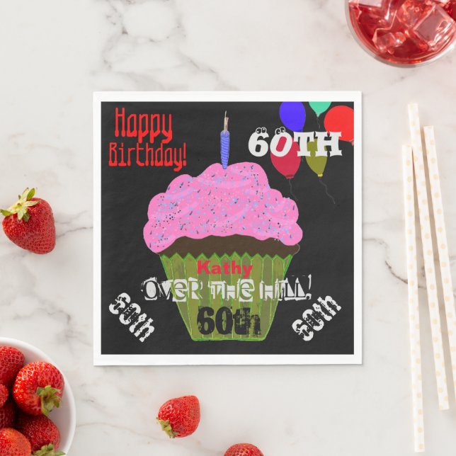 60th Over the Hill Personalised Pink Cupcake Napkin (Insitu)