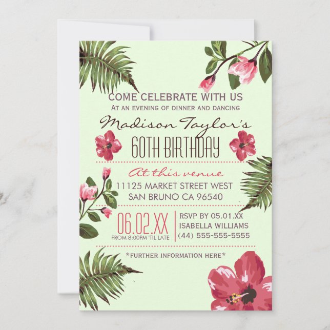 60th Party Exotic Hibiscus & Tropical Palm Leaves Invitation (Front)