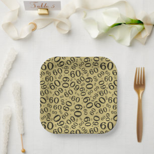 60th Party Random Number Pattern black/Gold Paper Plate