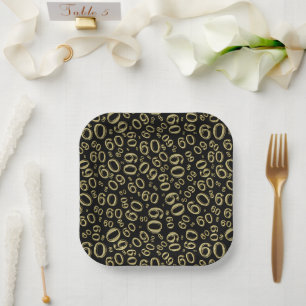 60th Party Random Number Pattern Black/Gold Paper Plate