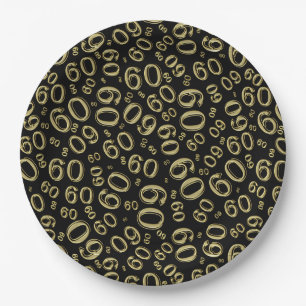 60th Party Random Number Pattern Black/Gold Paper Plate