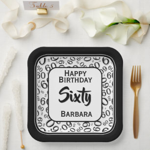 60th Party Random Number Pattern Black/White Paper Plate