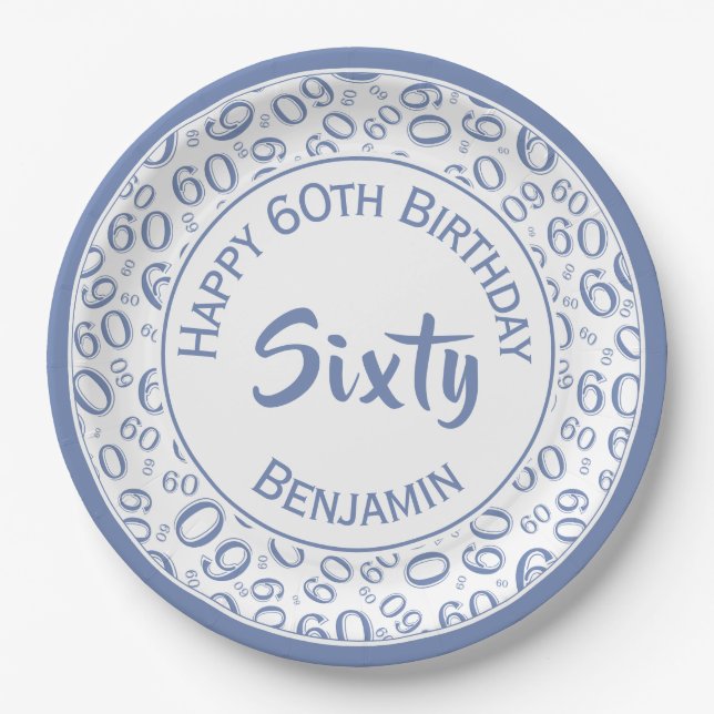60th Party Random Number Pattern Blue/White Paper Plate (Front)