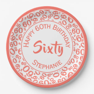 60th Party Random Number Pattern Coral/White Paper Plate