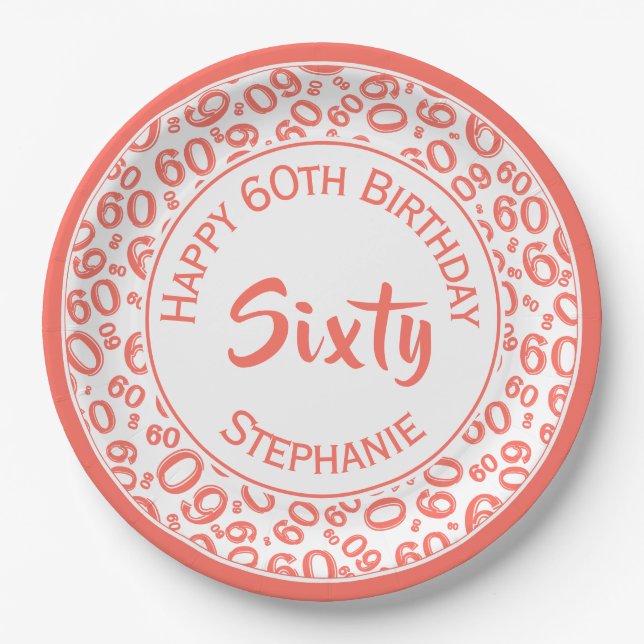 60th Party Random Number Pattern Coral/White Paper Plate (Front)
