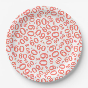60th Party Random Number Pattern Coral/White Paper Plate