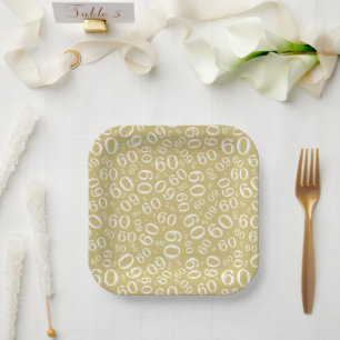 60th Party Random Number Pattern Gold/White Paper Plate