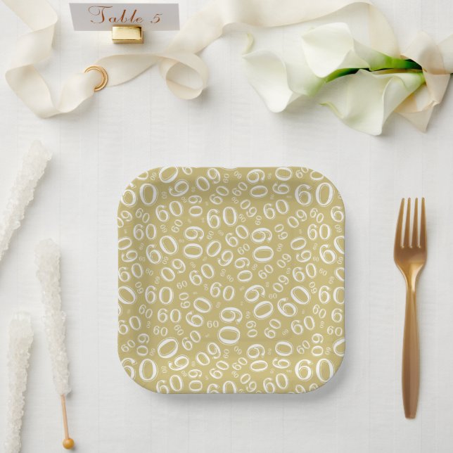60th Party Random Number Pattern Gold/White Paper Plate (Wedding)