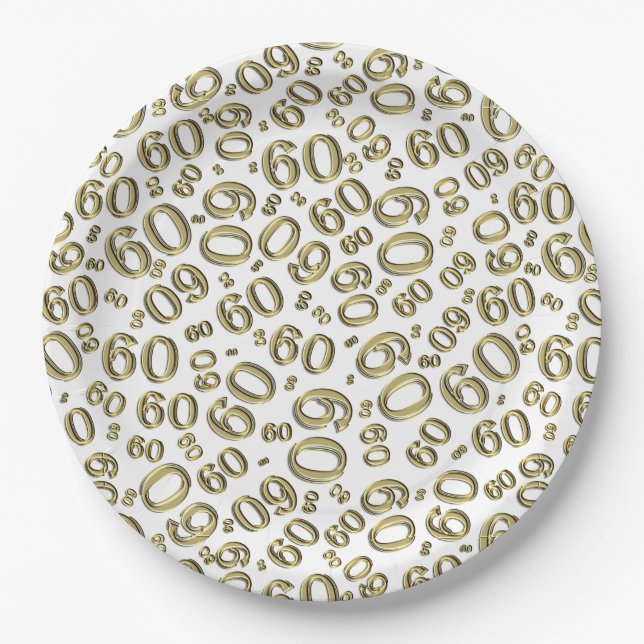 60th Party Random Number Pattern Gold/White Paper Plate (Front)