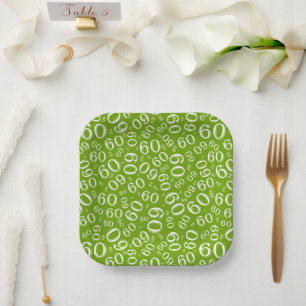 60th Party Random Number Pattern Green/White Paper Plate