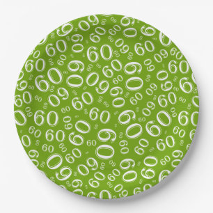 60th Party Random Number Pattern Green/White Paper Plate