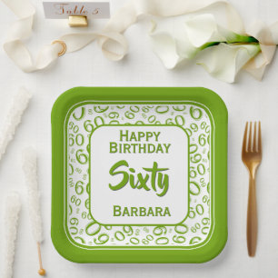 60th Party Random Number Pattern Green/White  Paper Plate