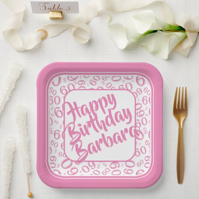 60th Party Random Number Pattern Pink & White Paper Plate (Wedding)